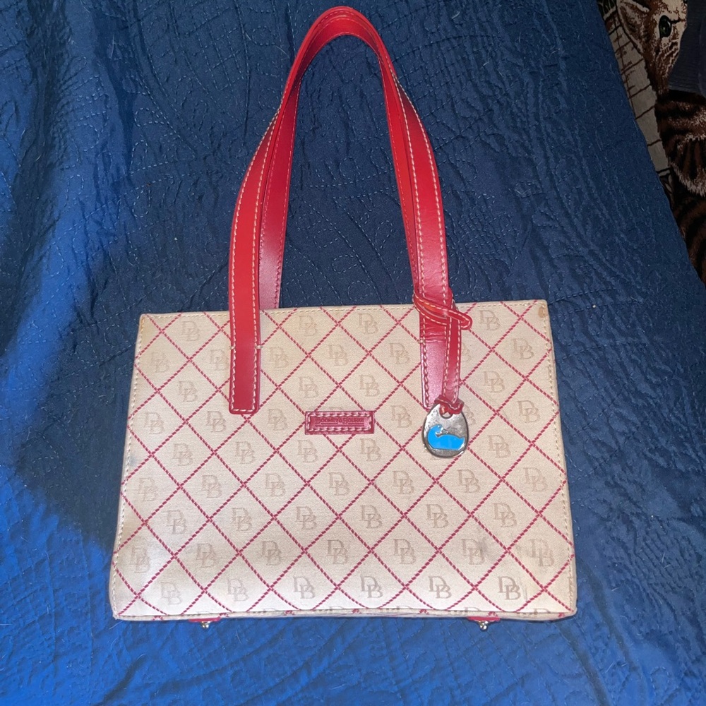 Dooney & Bourke Red and Beige Monogram Canvas East West Shopper Shoulder Bag